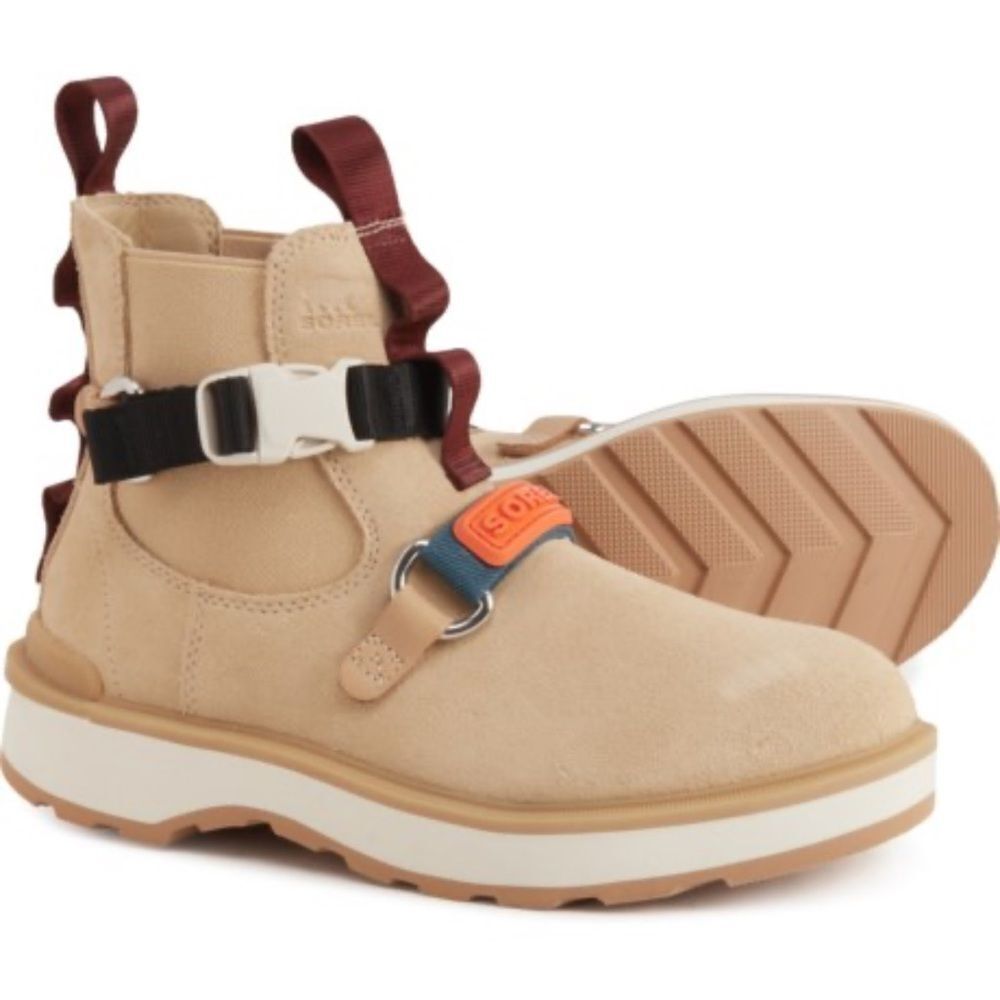 Sorel Hi-Line EQ. Beige Suede Buckle Strap Bootie with Burgundy Accents